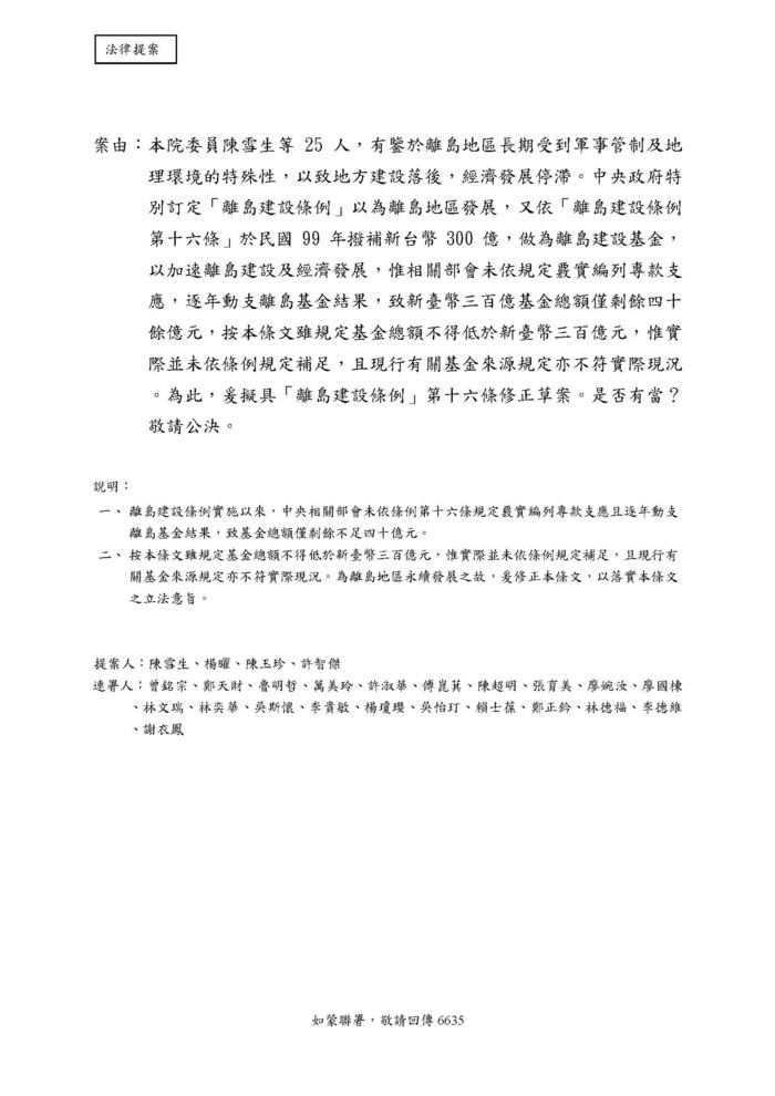立委陳雪生於經濟委員會質詢離島建設條例第15、16條修正案  照片